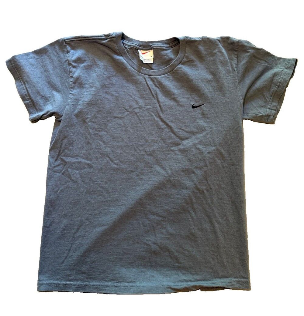 Vintage Y2K Nike Shirt Boys M 8-10 Slate Blue Embroidered Mini Swoosh Tag Tee